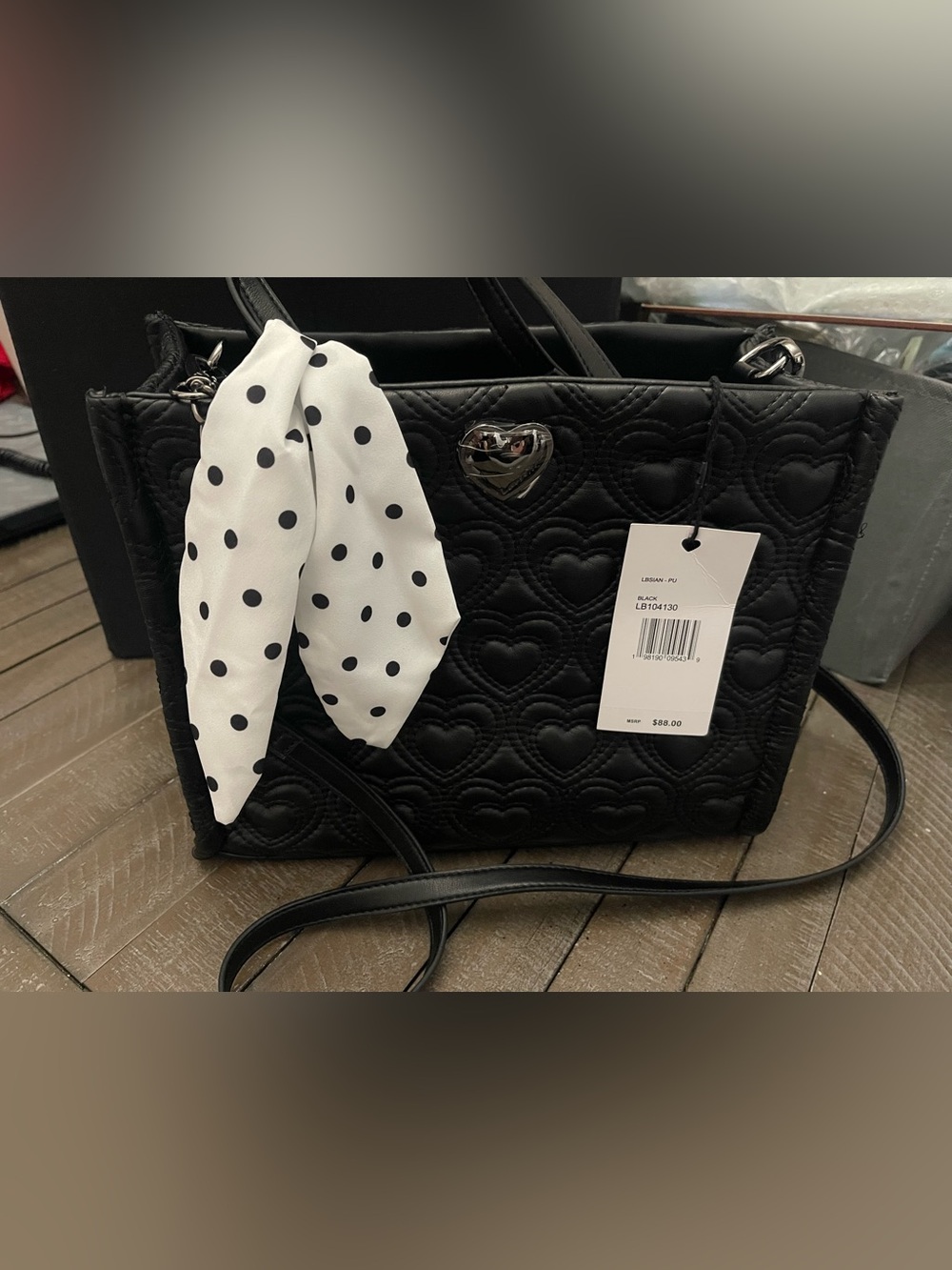 Betsey Johnson Black Quilted Heart Tote with Polka Dot Scarf